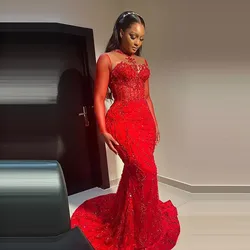 Red Sexy Prom Dresess  For African Women Illusion Long Sleeves Lace Mermaid Evening Dress Christmas New Year Party Gowns