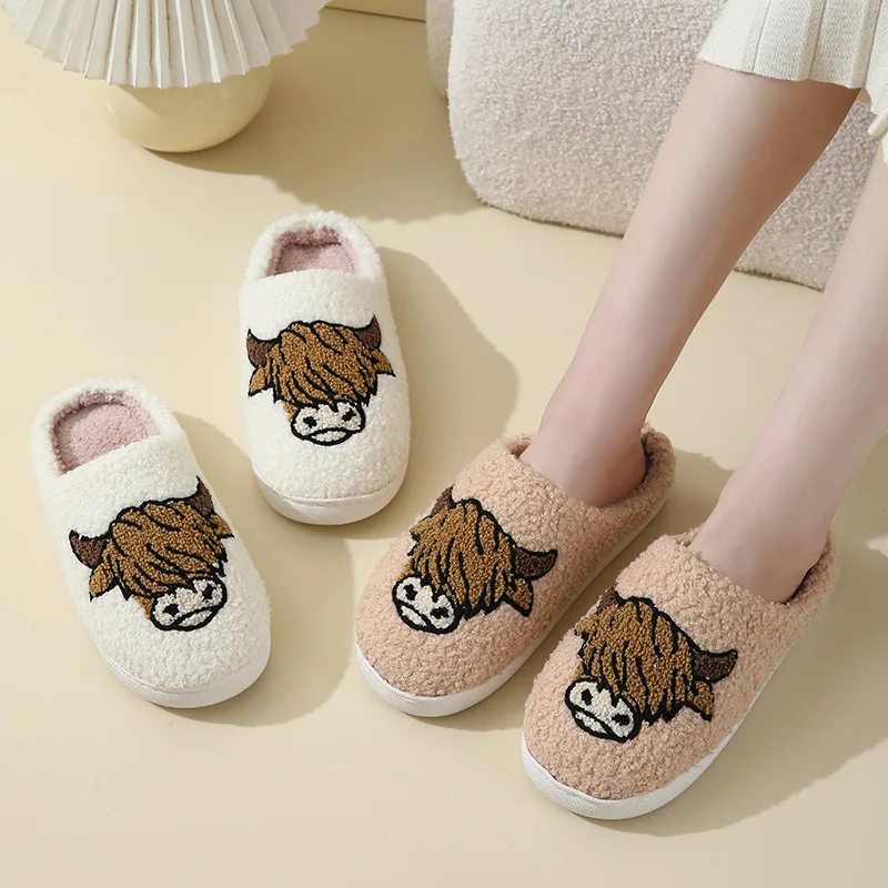 Winter Women\'s Slippers Cute and Interesting Cartoon Cow Pattern Indoor Warm Comfort Home Bedroom Soft Causal  Plush Shoes