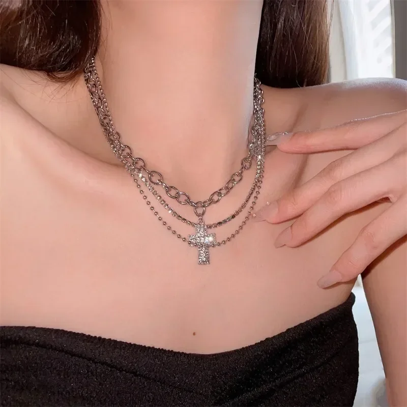 

Rhinestone Cross Clavicle Chain Sweet Cool Style Gothic Lolita Multi-Layered Luxury High-End Sexy Girl Niche Cold Style Necklace
