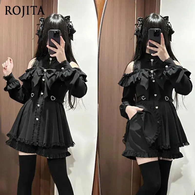 

Cool Jirai Kei Two-Piece Set Cold Shoulder Dress Black Lace Heart Button Kawaii Outfit Japanese Off-Shoulder Long Sleeve Dress