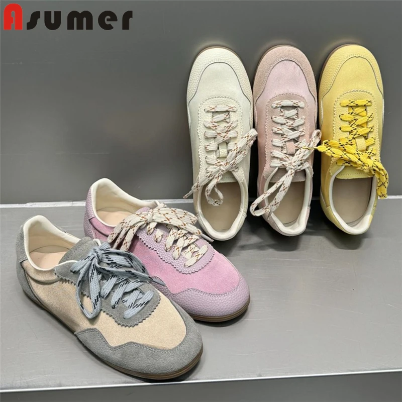 

ASUMER 5 Colors Genuine Leather Women Sneakers Fashion Lace Up Flat Sneakers Purple Pink Fashion Casual Flats Ladies Shoes