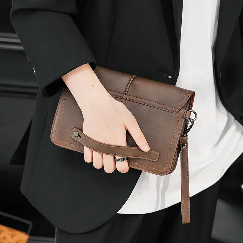 

2024 New Fashion Men's Handbag Retro Men's Bag Large Clutch Handbag Envelope Crazy Horse PU Soft Leather Casual Clip Bag