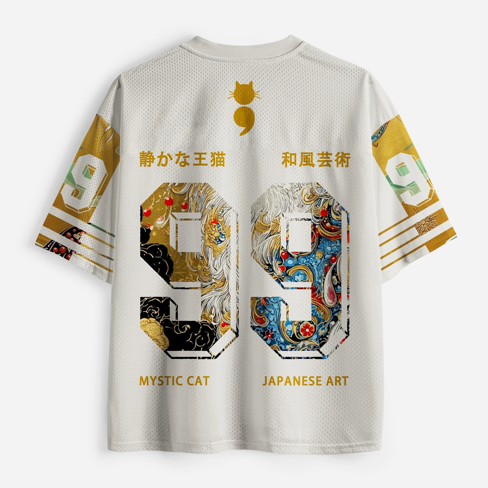 2026 New Japanese Mysterious Cat Ukiyo-e Art Mesh Jersey for Adults and Children, Yellow White V-neck T-shirt view 2