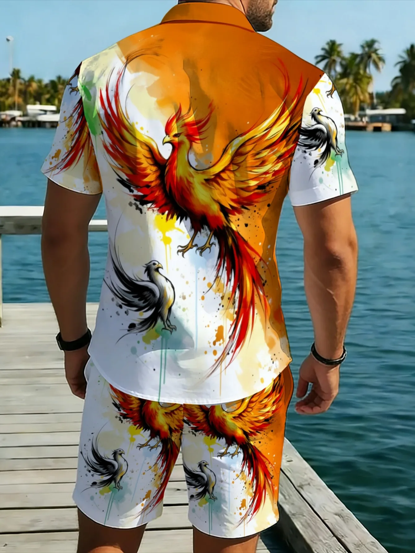 Oriental Phoenix Pattern Men Set Short Sleeve Button Shirt Drawstring Shorts Casual Vacation Outfit view 4