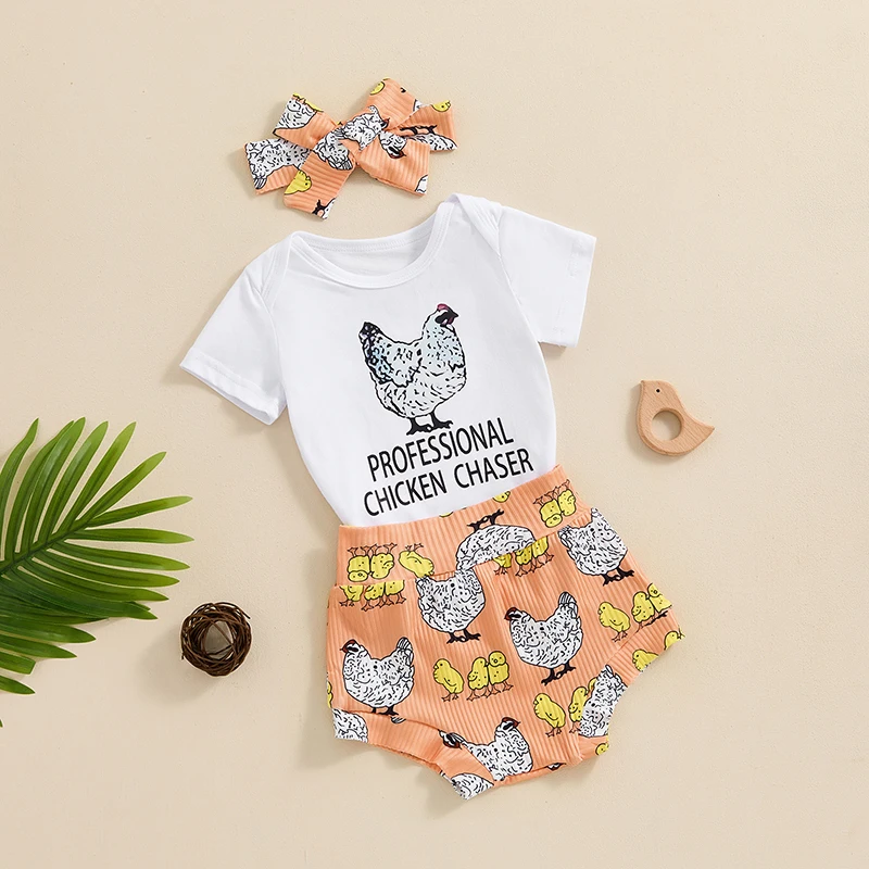 Baby Girl Farm Outfit Chicken Print Short Sleeve Romper Ruffle Bloomer Shorts Headband Set Newborn 3Pcs Clothes