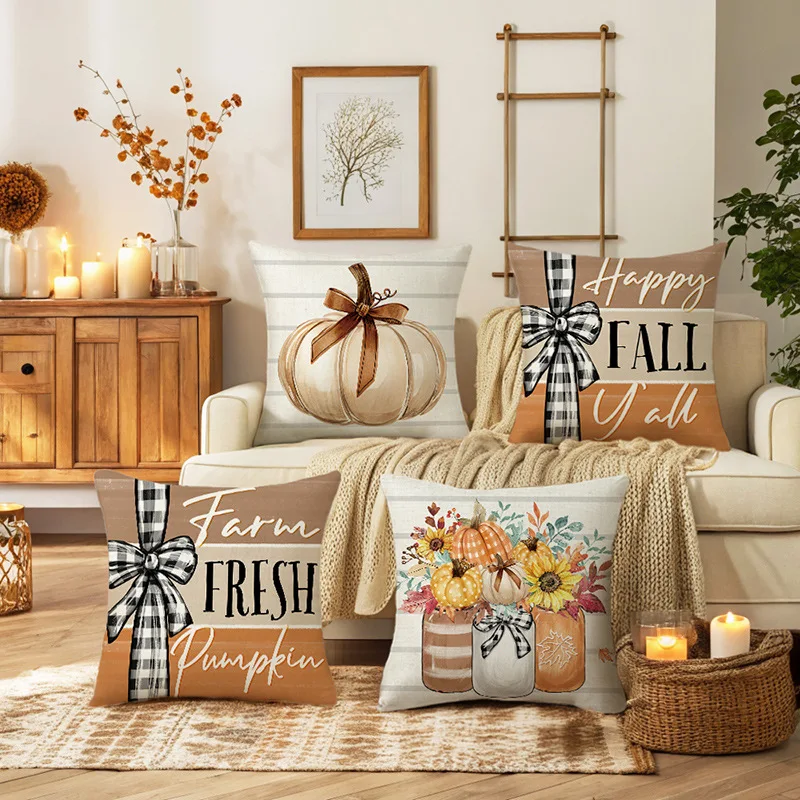 

2pcs 2025 Autumn Pillow Cover Pumpkin Printed Linen Pillow Case Sofa Decorative Cushion Cover Harvest Holiday Gift