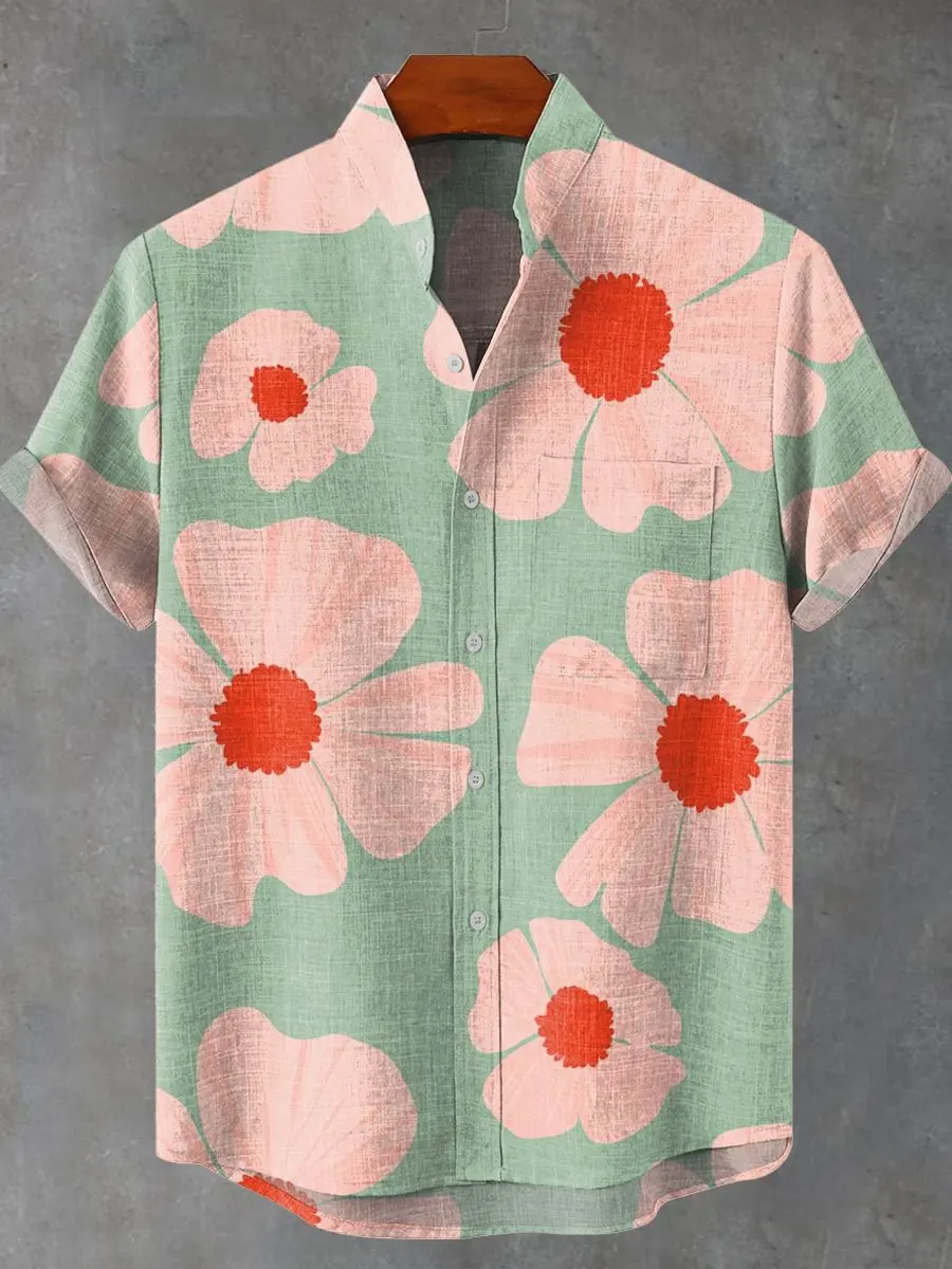 New men's short sleeved shirt with retro ethnic pattern, flower color, artistic printing, casual short sleeved shirt
