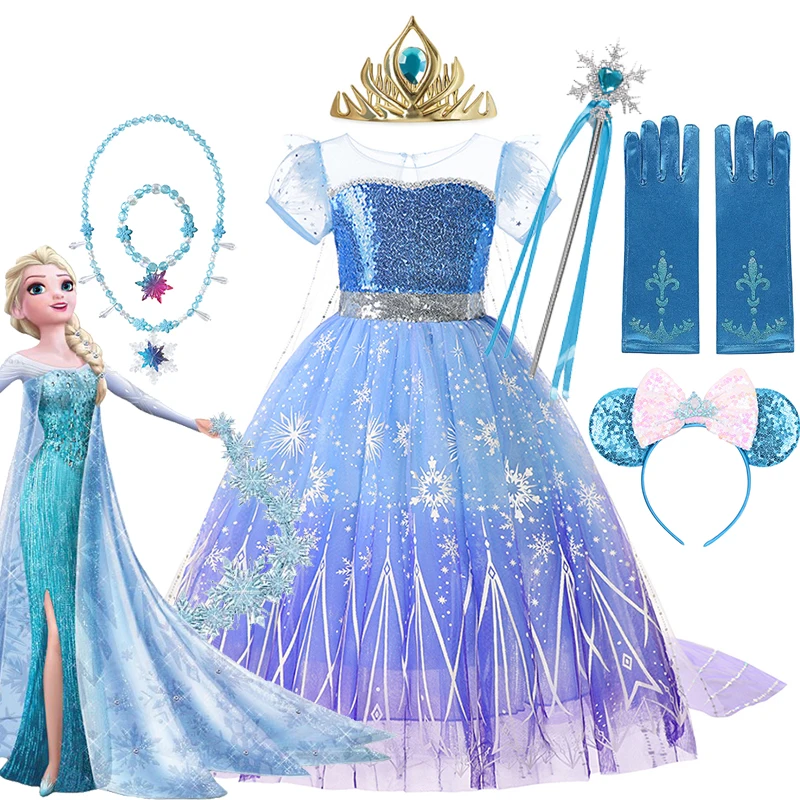 

Girls Elsa Snow Queen Birthday Party Cosplay Sequined Princess Dress Summer Trip Frock Frozen Costume Inspired Halloween Apparel