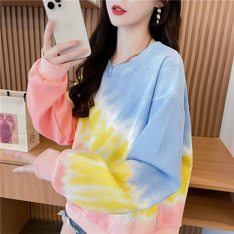 التعادل صبغ التدرج الإناث البلوز الأعلى لطيف اللون 90s خمر الكورية موضة البلوز الأساسية الجولة الرقبة المرأة بلوزات