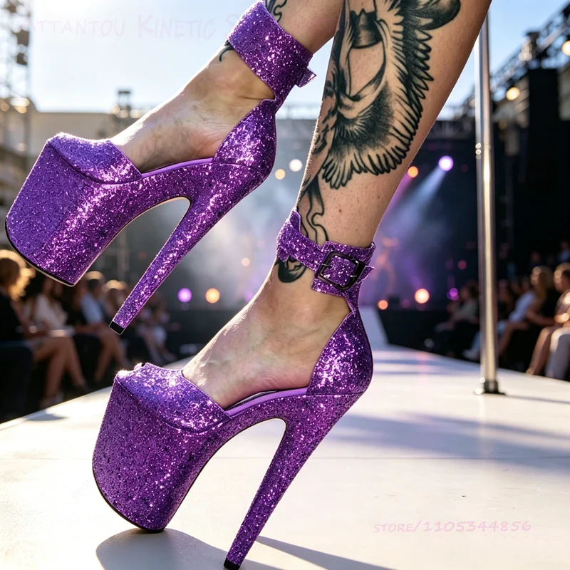 Sparkling Purple Greate Sandals Ankle Strap Buckle 20cm 8 Inch Heels Red Peep Toe Pole Dancers Sexy Blue Platform Stiletto Shoes
