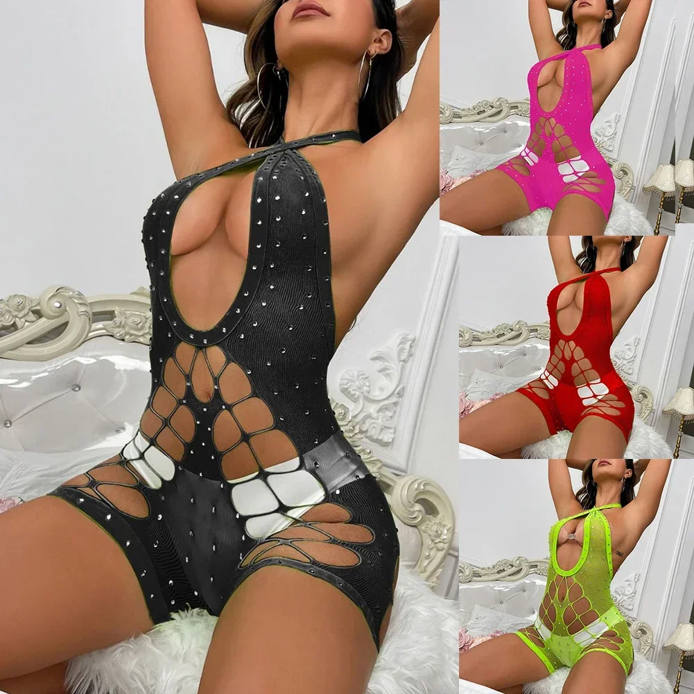 Women's New Backless Hot Diamond Mesh Eyes Empty Sexy Jumpsuit