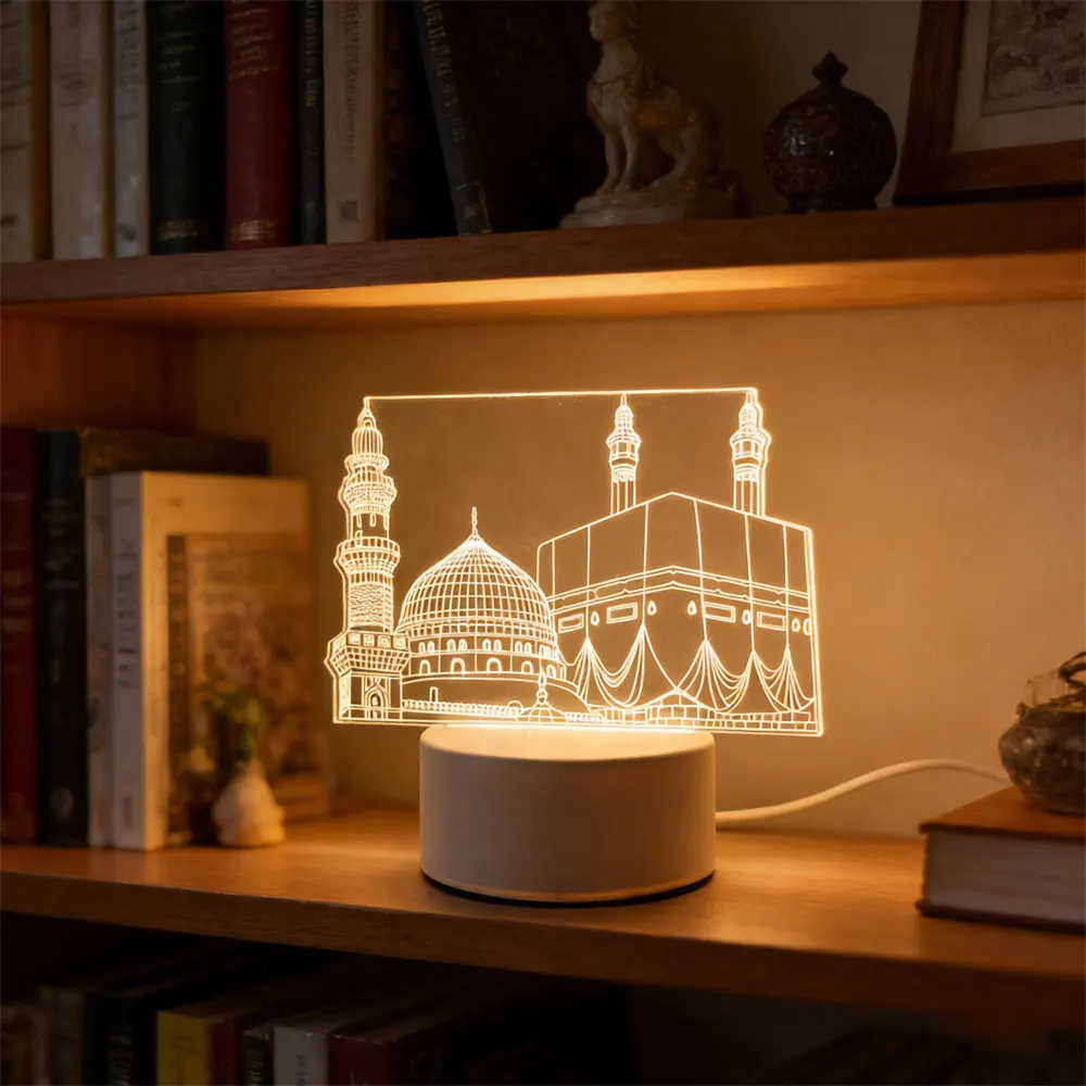 

Ramadan Festival Supplies 3D Acrylic LED Night Light Islamic Muslim EID Mubarak Ornaments Bedroom Home Decor Lamp USB Operated