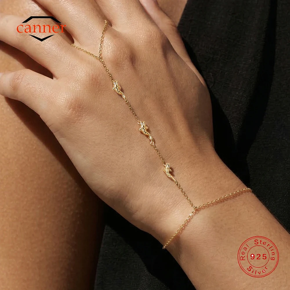 

CANNER 925 Sterling Silver Lucky Koi Goldfish Hand Chain Ring Bracelet For Women INS Minimalism Finger Chain Jewelry Party Gift