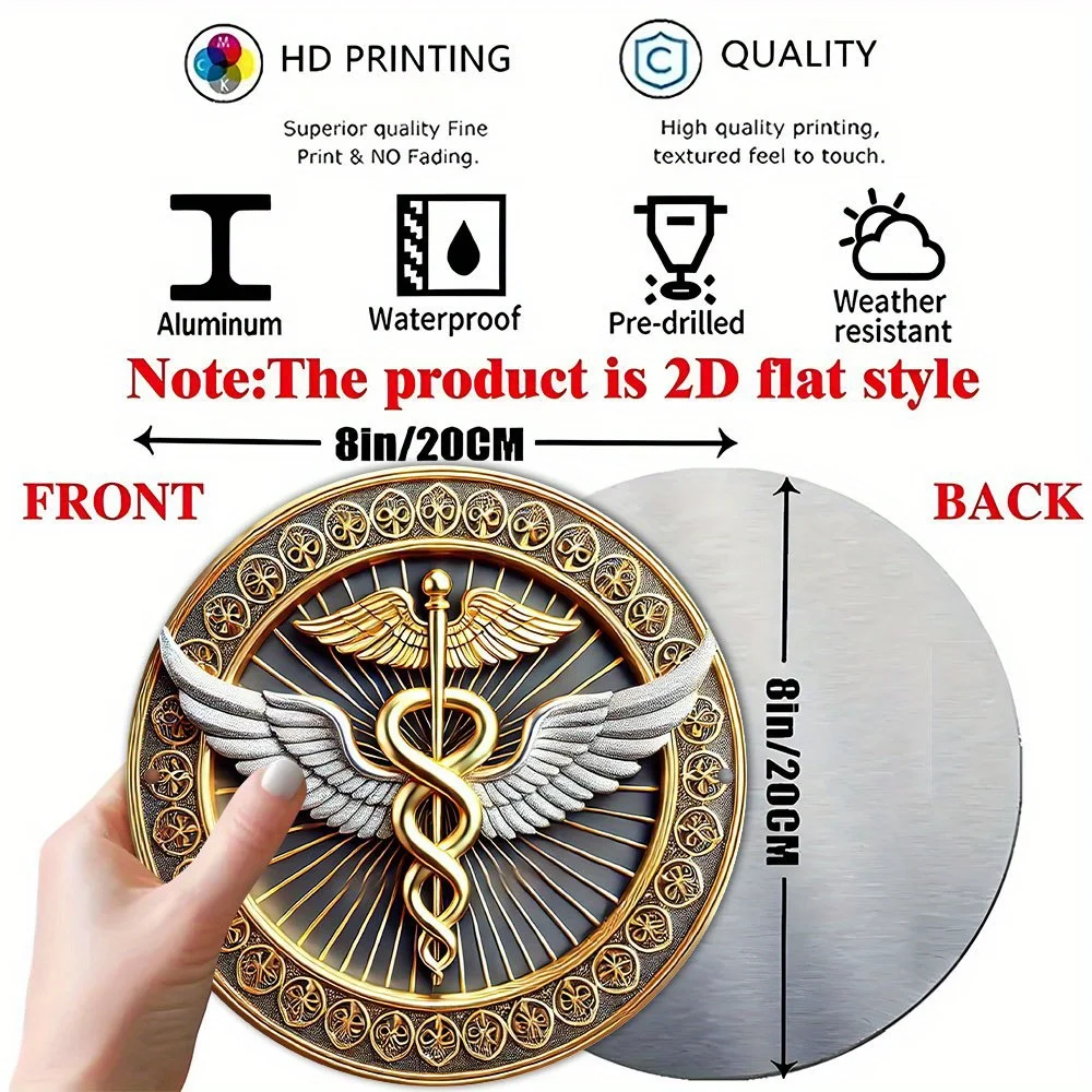 2D Flat, Medical Symbol Decoration - Golden Caduceus Emblem with Wings - Durable Aluminum Plaque for Healthcare Facilities, Offi view 3