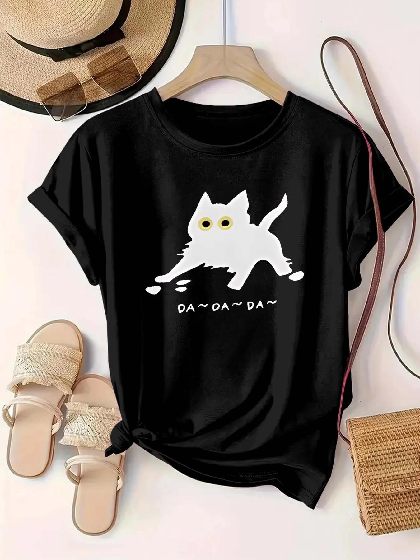 

Plus - Size Short Sleeve T - Shirt Women's Oversize Clothing: “DA~DA~DA~” Cartoon Ghost Cat Graphic
