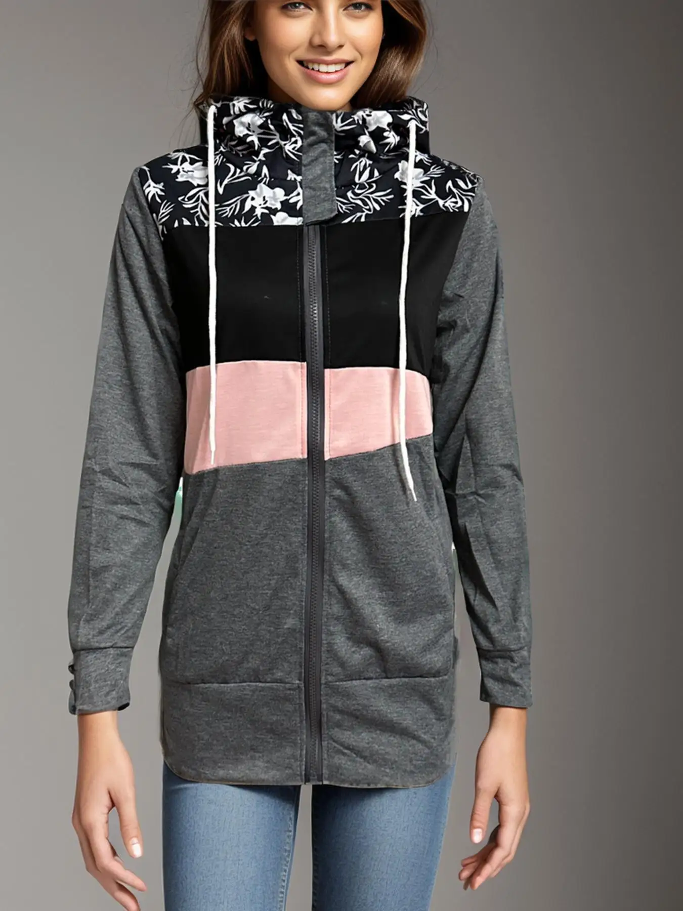 Women's Long-Sleeved Hoodie Zipper Color Collage Print Sweater Jacket New Fashionable Casual Streetwear