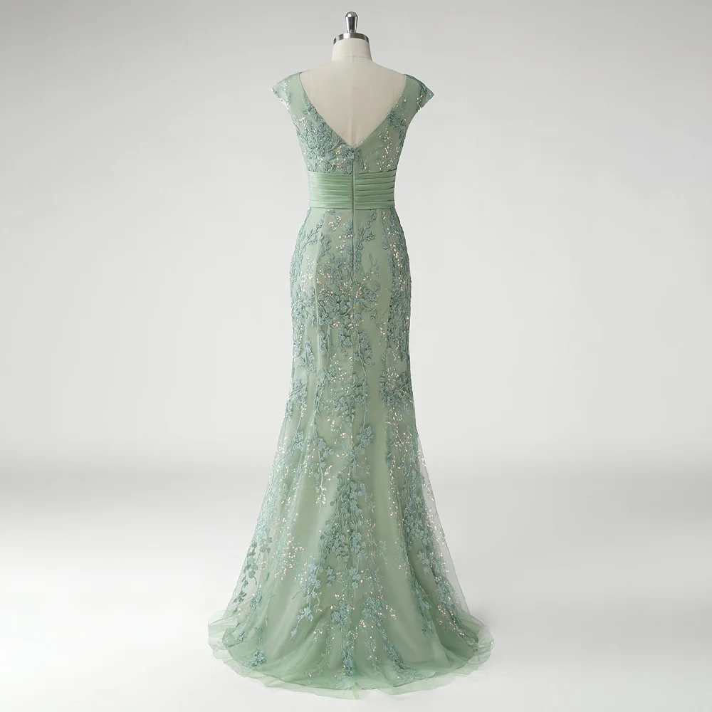 Vestidos de fiesta de color verde salvia personalizados, vestidos de noche de sirena con cuello en V, sin mangas, sin espalda, Apliques de encaje, vestido de fiesta Formal