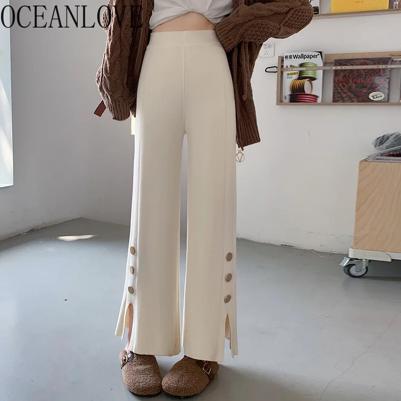 OCEANLOVE Knitted Wide Leg Pants Women Solid Autumn Winter Korean Fashion Simple Pantalones De Mujer Buttons Chic Trousers