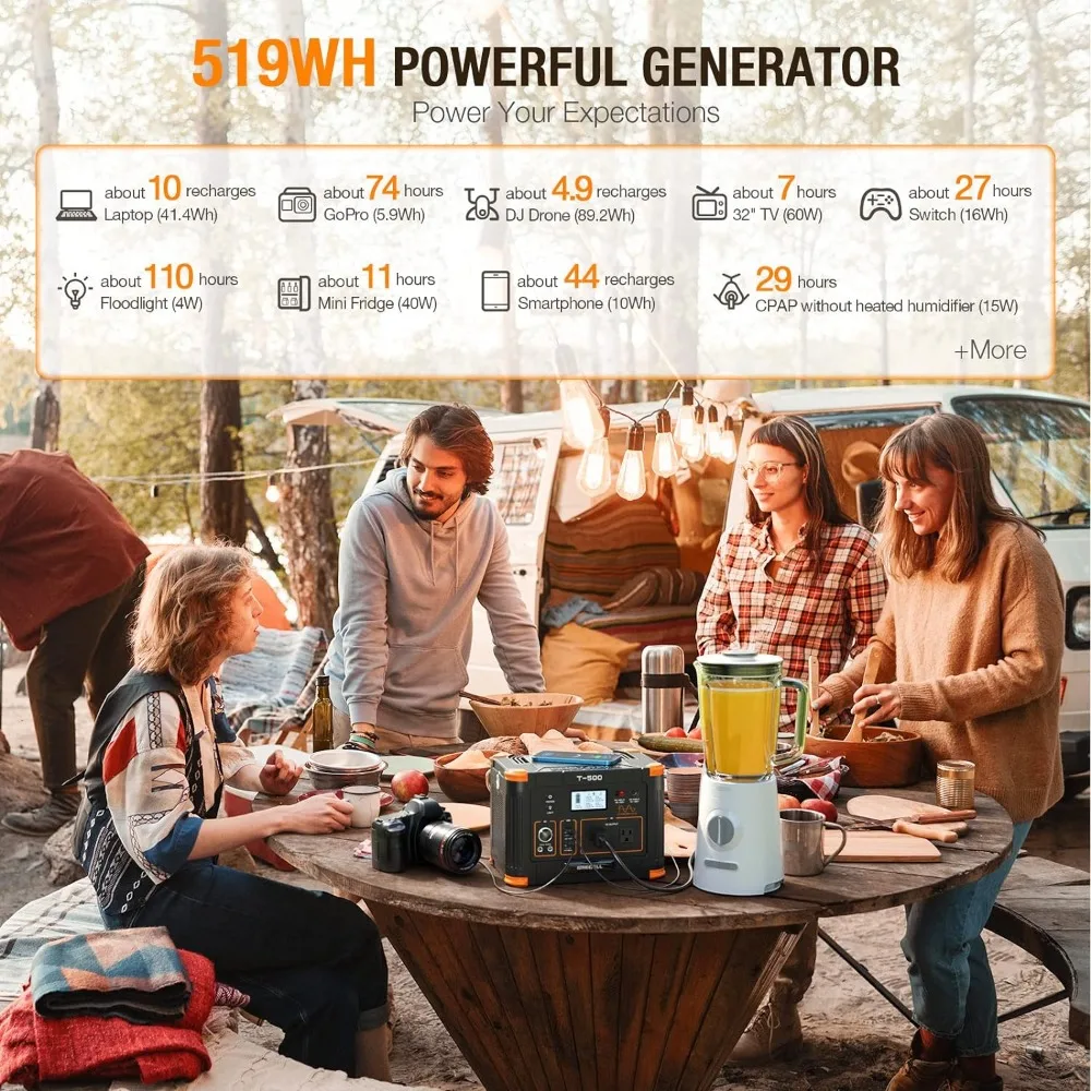 519Wh Outdoor Solar Generator with 100W Portable Solar Panel 20V, Portable Power Station 500W(Peak 1000W)