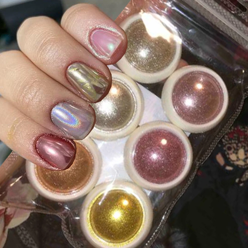 6Jars Y2K Aesthetic Metallic Chrome Nail Powder Mirror Effect Pigment 6 Colors Holo Aurora Chameleon forr Nail Art Gel Polish&*&