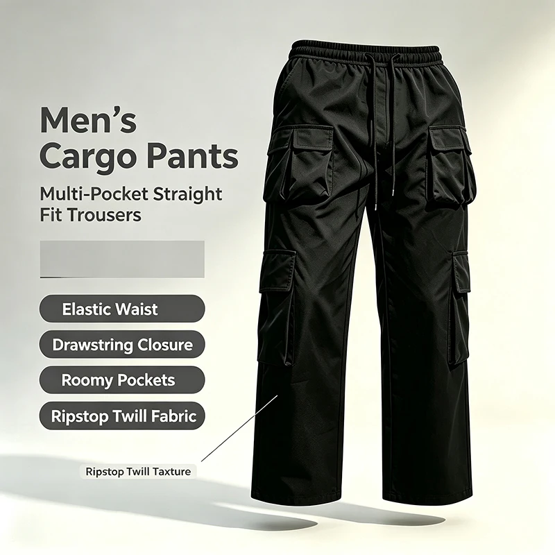 Herren-Cargohose mit mehreren Taschen, elastischem Bund und Kordelzug, locker geschnittene Hose mit geradem Bein, lässige Outdoor-Alltagshose für Frühling und Herbst – Detail 1