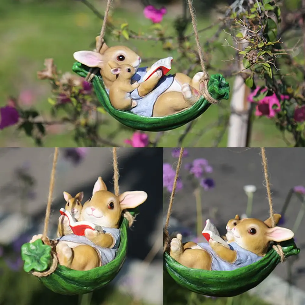 Garden Cartoon Decorations Lovely Swing Rabbit Household Ornament Creative Rabbit Statue Resin Crafts Gift Pendant