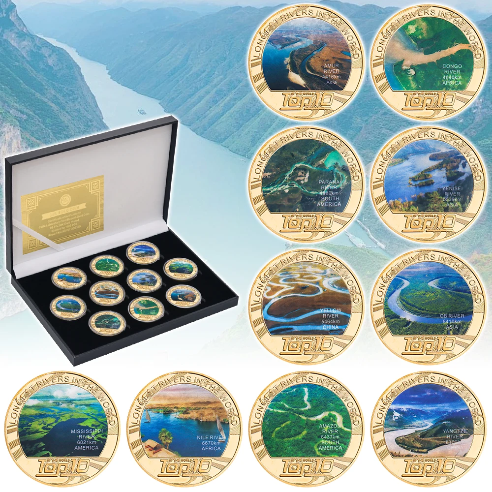 Gifts for Man 10Pcs The Top Ten Longest Rivers of The World Commemorative Coins Challenge Collection Birthday Gifts for Fans
