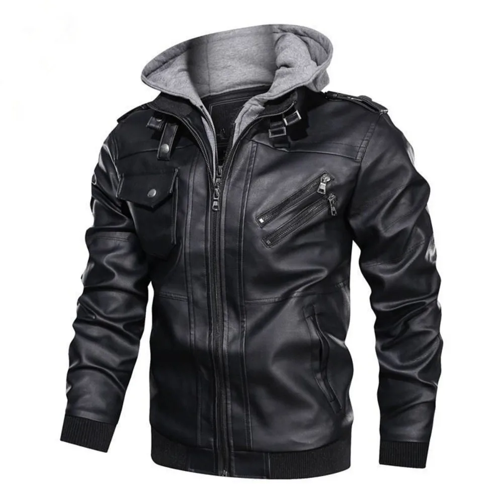 Men's Fall Winter Jacket PU Leather Jackets Stand-up Collar Motorcycle Biker Clothing Casual Detachable Hooded Coats