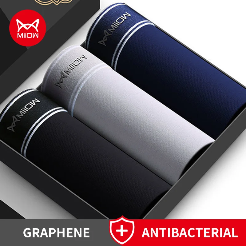 Miiow 3pcs algodão calcinha de algodão masculino masculino homem respirável boxershorts Antibacterianos de grafeno Men, masculino masculino boxer tronco de boxer