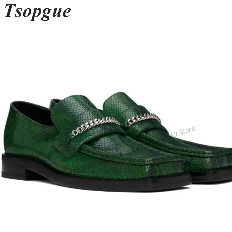 Green Snake Skin Leather Chain Decor Shoes For Men Men's Pumps High Quality Business Casual Party Shoes 2023 Zapatillas Mujer