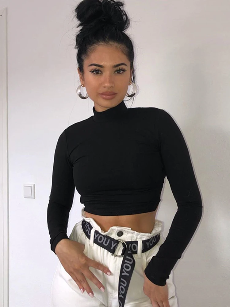 Womon-t-shirt de algodão das mulheres, sexy top, sem encosto, manga longa, harajuku, magro, bodycon, streetwear, malha