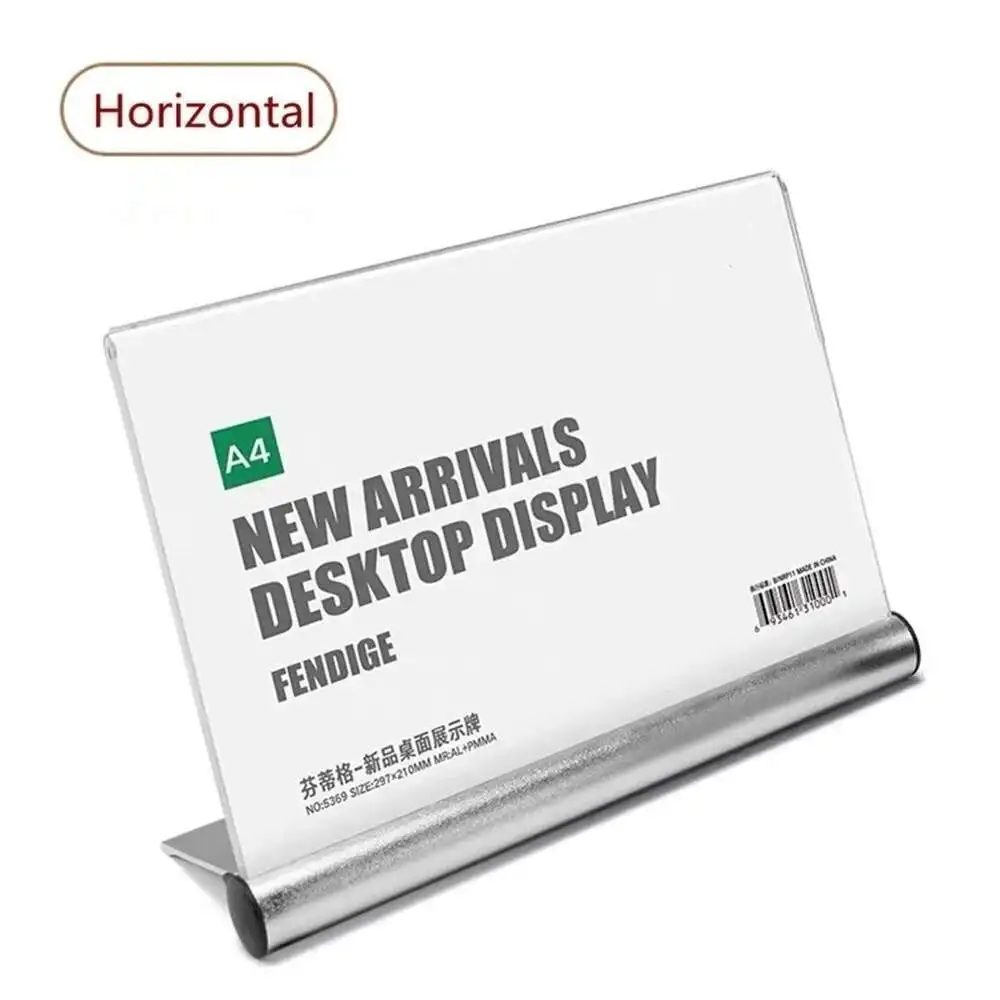 1pcs A4 L Shape Aluminum Base Acrylic Price Label Holder Desk Display Stand Menu Holder Paper Card Poster Display Frame