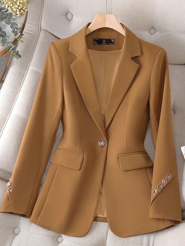 

Faionable Brown Suit Jaet Women's Casual Commute New Sle High-End Versatile OL Career Wear Polyester Fabric Button Detail