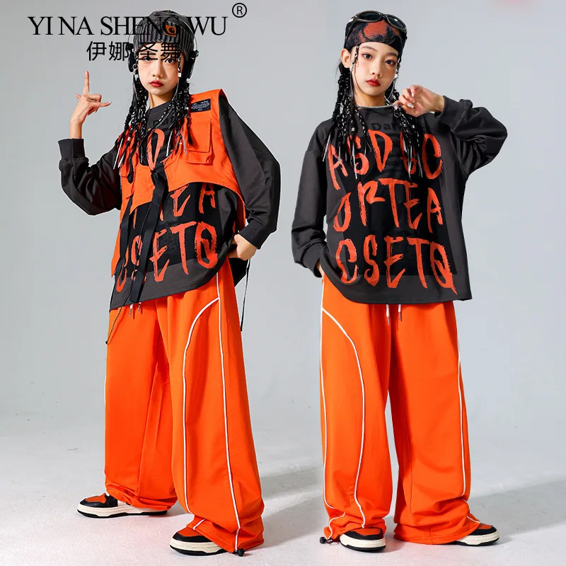 Jungen Hip Hop Set Sweatshirt Weste Cargo Hosen Mädchen Jazz Street Dance Kostüm Kinder Kleidung Kinder K-pop Streetwear