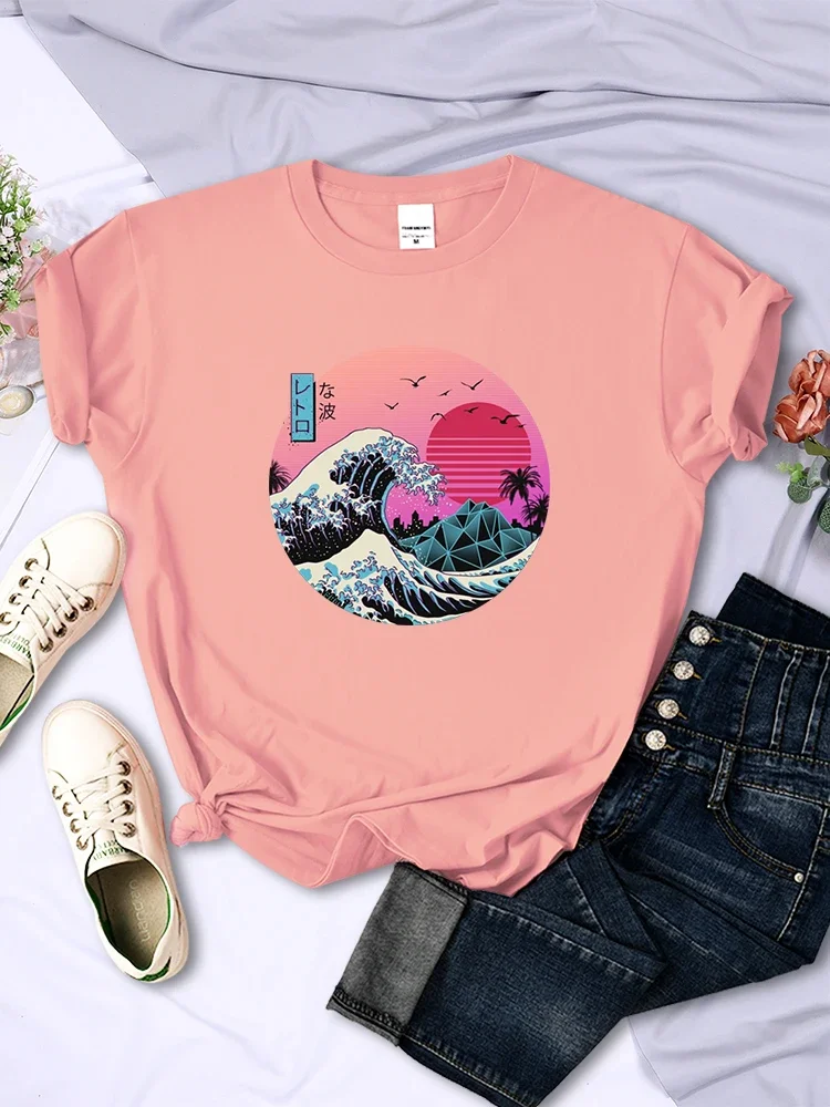 T-Shirts Women Ukiyo E Style Big Wave Female Short Sleeve Breathable Casual Fashion Summer Trend Top Soft All-math Tee Clothing