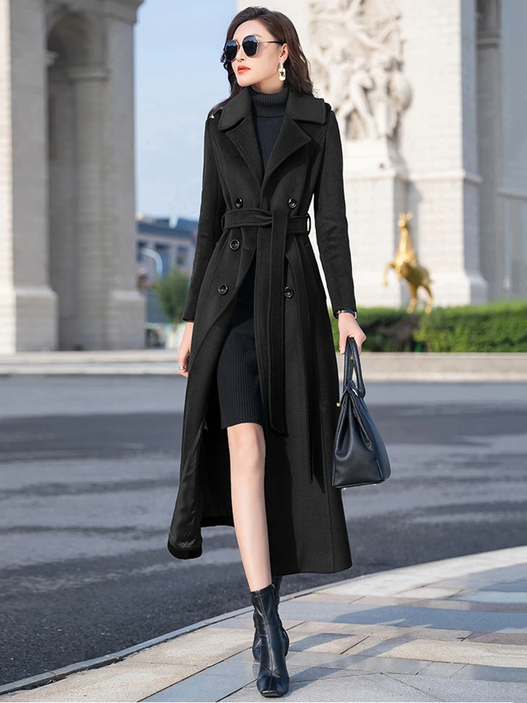 New Women Long Woolen Coat Autumn Winter Fashion Simplicity Double Breasted Slim Wool Blends Overcoat Thicken Warm Outerwear