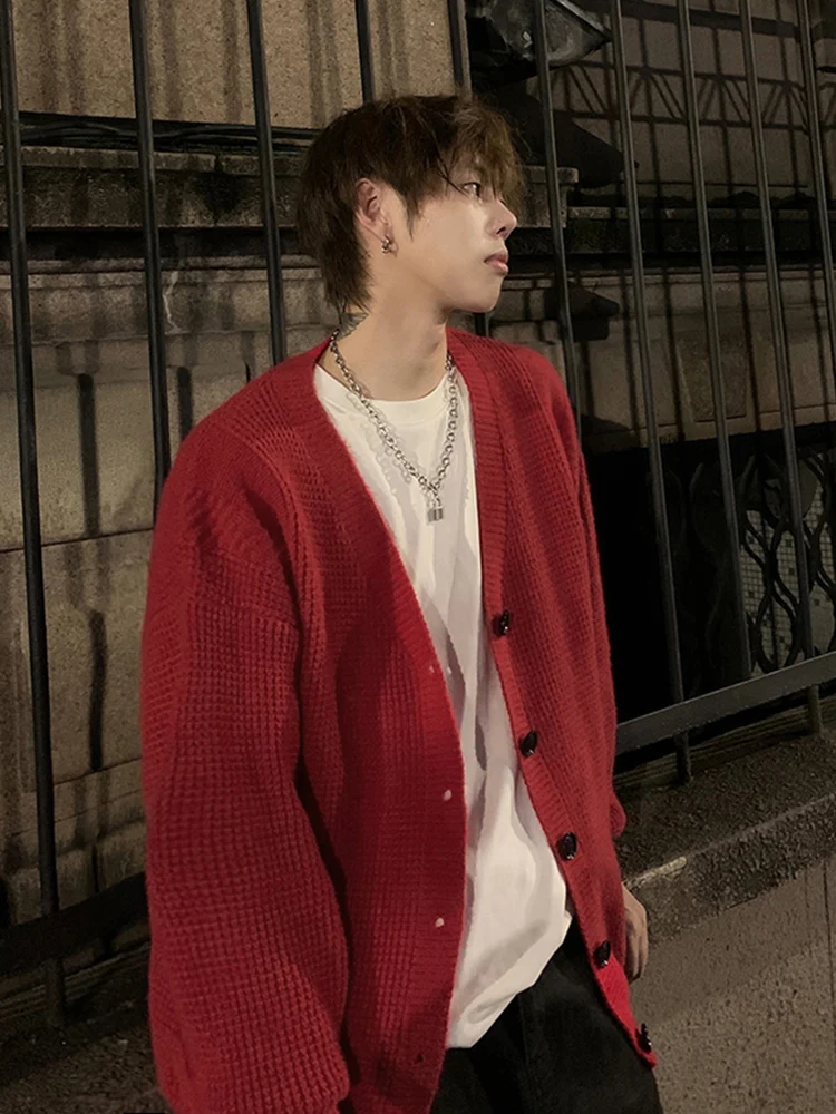 

Ankela Red Knitted Open Cardigan Men's Autumn Lazy Sle V-ne Sweater Cleanfit High-end American Sle Outdoor Casual Wear