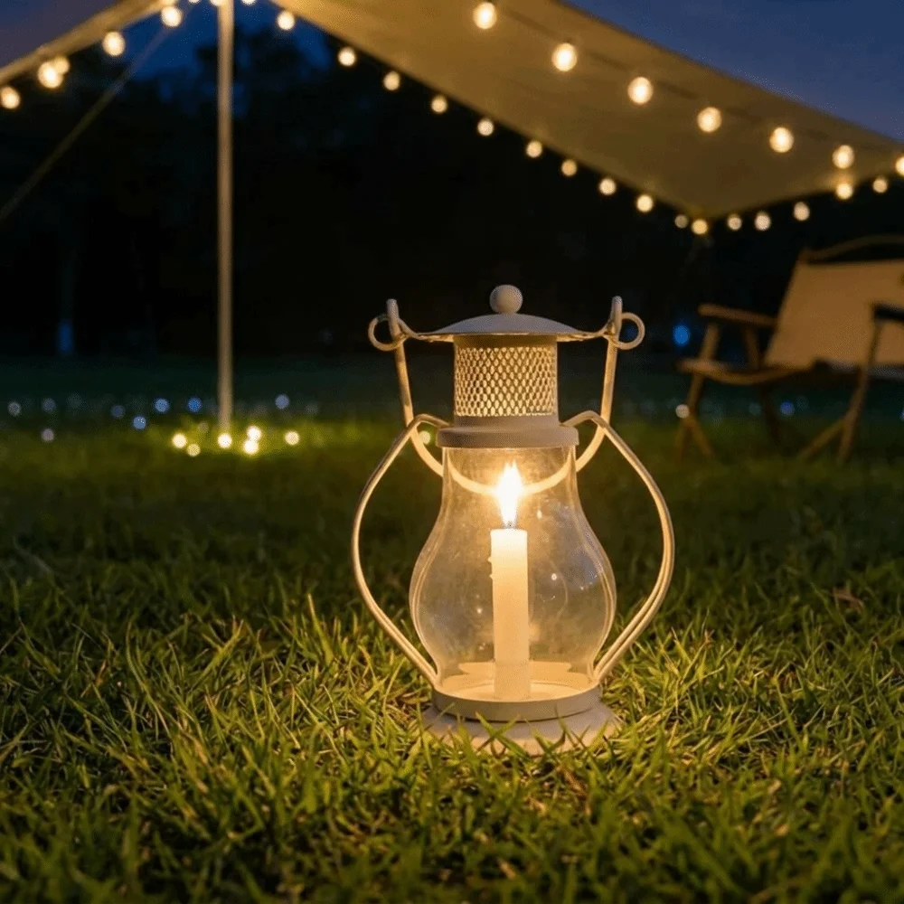 Candles Cover Retro Metal Candlestick with Handle Portable Windproof Lampshade Decorative Camping Candle Light Cafe Shop