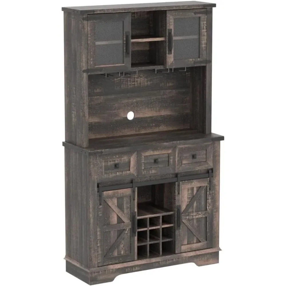 72" Farmhosue Bar Cabinet with Sliding Barn Door, Large Kitchen Buffet with Hutch w/Wine & Glasses Rack, 3 Drawers