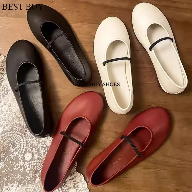 New Stylish Red Shallow Mouth Ballet Shoes Flat Black White Soft Leather Round Toe Slip on Simple Style Ballerina Cute Mules