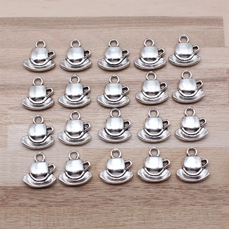 210 Stück antiksilberfarbene Tassen- und Untertassen-Anhänger, 15 x 14 mm, DIY-Armbänder, Schmuckherstellung, A2961, Großhandel – Detail 1