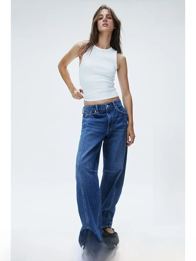 

H&M Women's Casual Wide Leg Jeans Retro Straight Cut mid Waist Tapered Simple Long Pants Comfortable Cotton Blend Autumn Wear