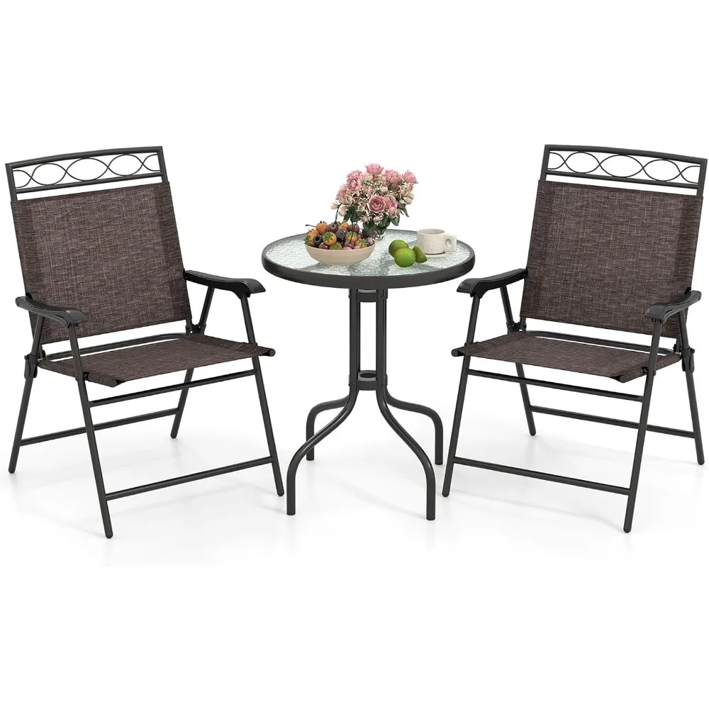 

Patio Dining Set Round Glass Table with 2 Patio Folding Chairs, Outdoor Table and Chairs for Garden, Pool, Backyard, Tempered G