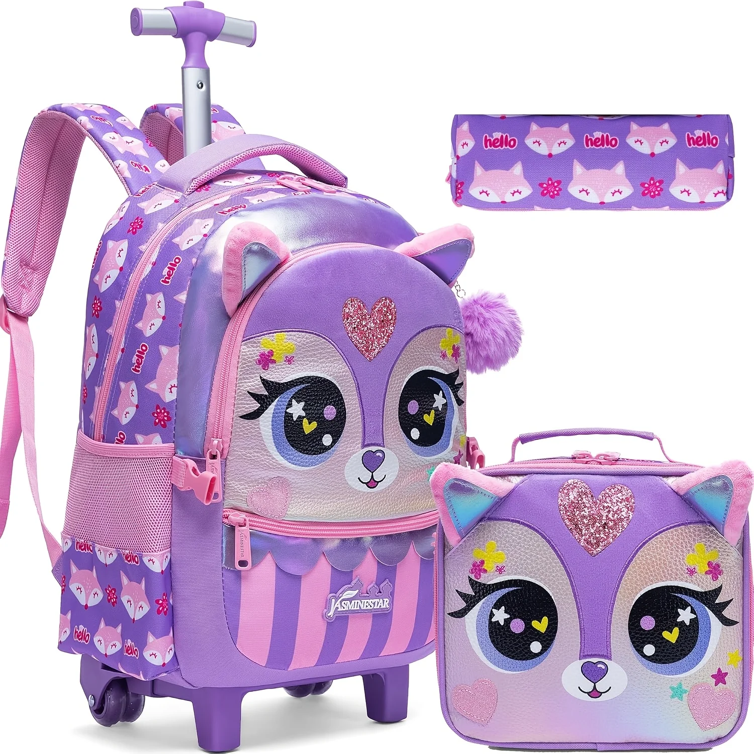 Kids Rolling Backpack with Wheels Cute School Bookbag for Elementary Students Travel Luggage for Girls Ages 6-12 Lightweight Carry on Trolley Bag with Lunch Bag and Pencil Case