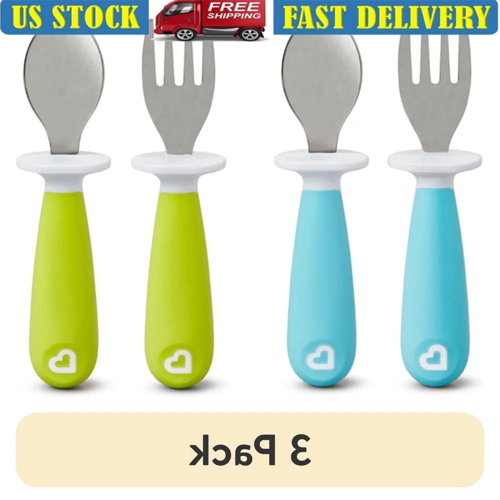 

Toddler Fork and Spoon Set 4 Pack Ergonomic Design Self Feeding Utensils with Base Keeps Tips Off Surfaces Dishwasher Safe