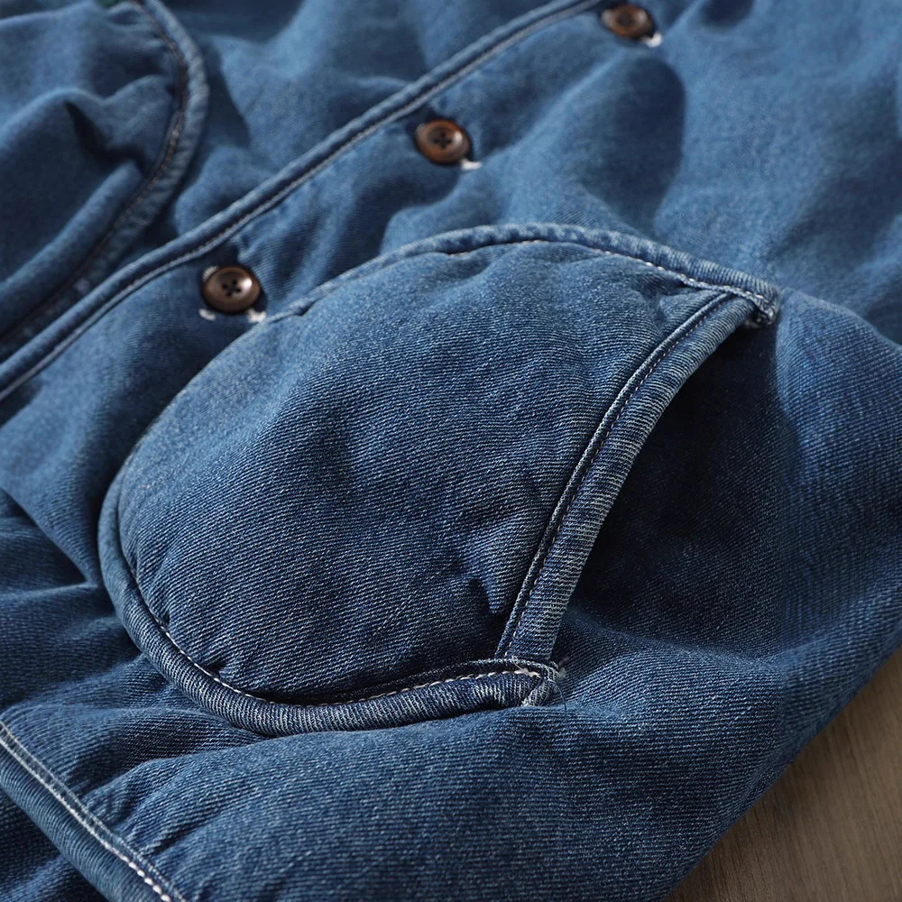 Japanese-Style Niche Men's Pure-Colored Washed Denim Jacket with Quilted Insulation, Hemmed Cotton Outerwear for Autumn/winter