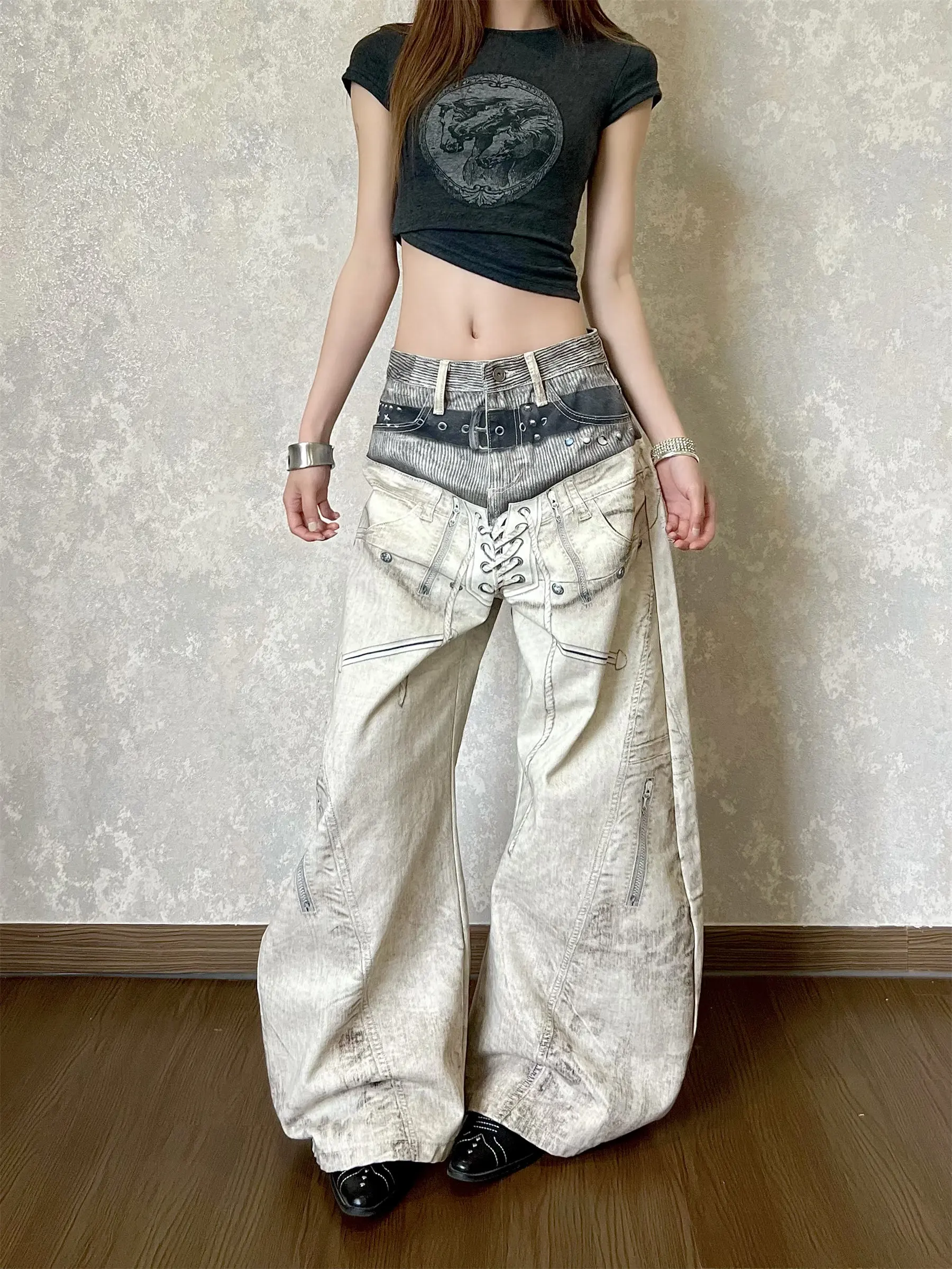 Retro American Streetwear Digital Print Waist Tie Jeans Loose Straight Leg Wide Leg Pants for Men Durable Denim mid Waist Zip...