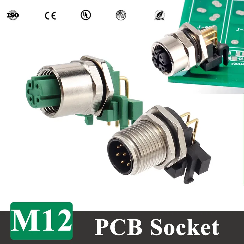 

Bent M12 2 3 4 5 6 8 12 Pin PCB Socket Waterproof IP67Aviaiton Plug Connector Industrial Grade M12 Male Female Soldering Joint
