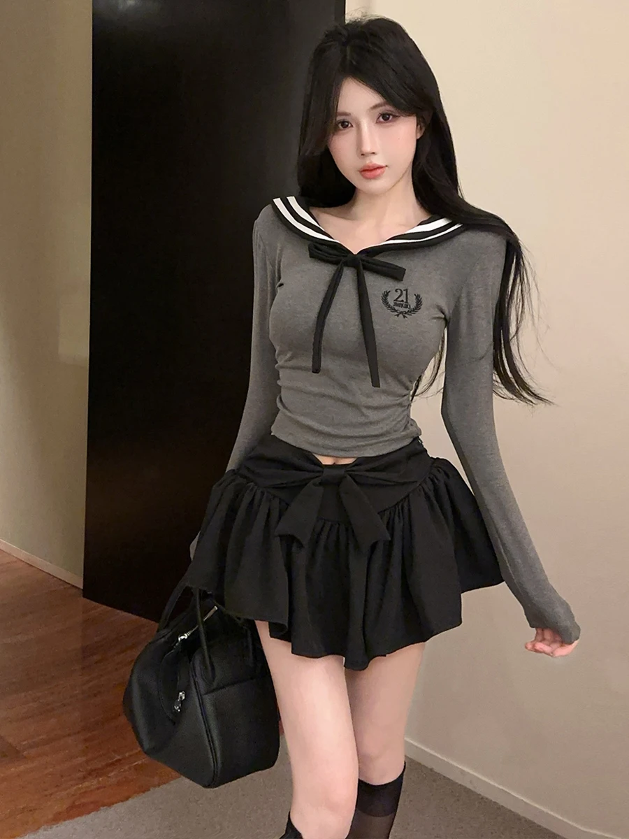 Korean College Style Navy Collar Striped Patchwork Embroidery Waist Cinching Long Sleeve Top High Waist  Knot Design...