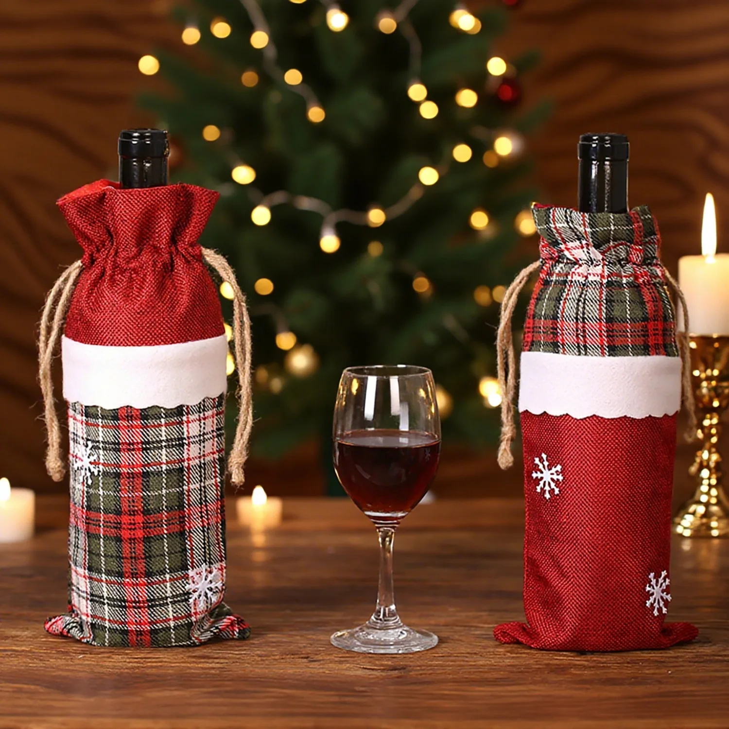 2027 Christmas Wine Bottle Bag Plaid Wine Bottle Cover Linen Snowflake Wine Bottle Bag New Xmas Table Decor Holiday Gift